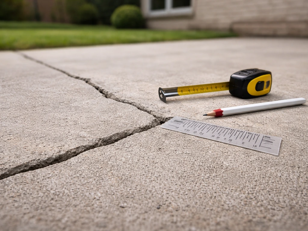 Close-up of a concrete patio slab with visible cracks and simple inspection tools nearby.
