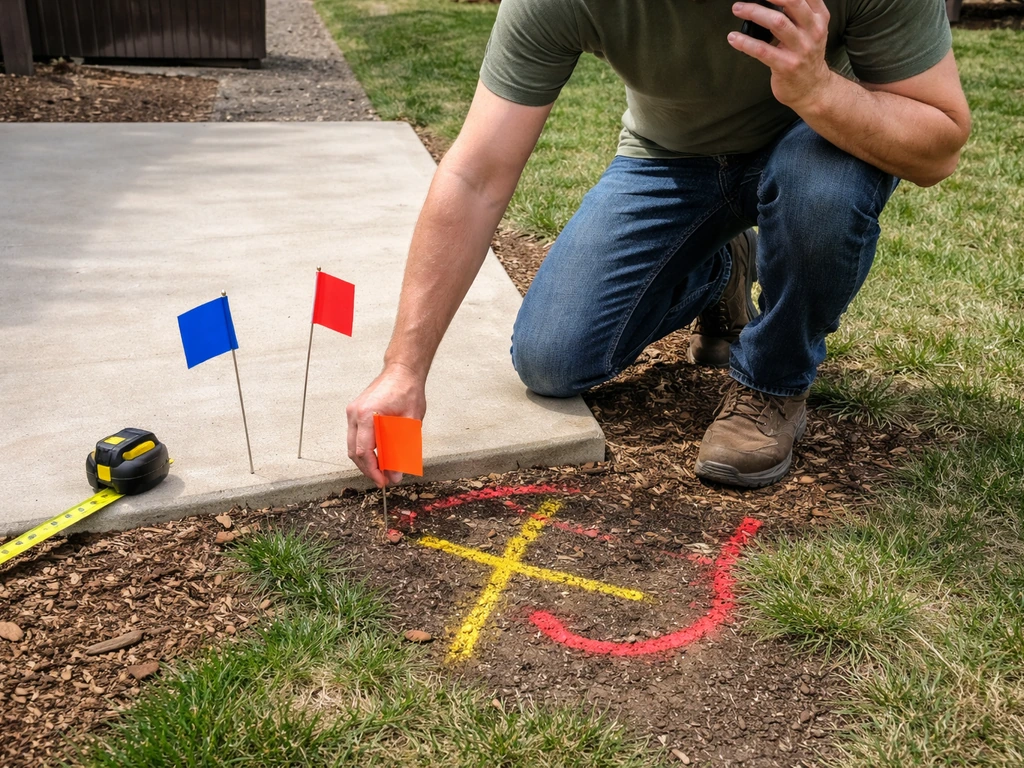 Person on patio calls utility hotline and marks a careful dig zone with flags on concrete.