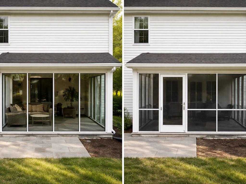 Side-by-side view of a home exterior showing a lean-to roof area and different glazing styles in soft daylight.