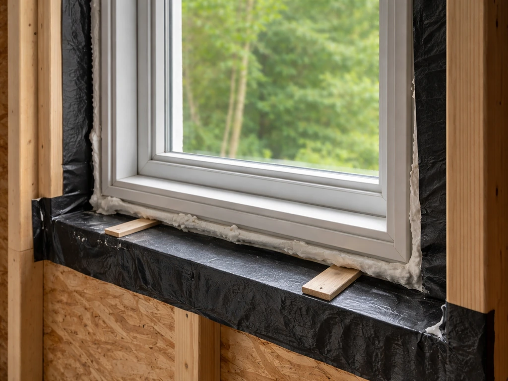 Window rough opening with flashing and shims installed, showing insulation placement around the frame