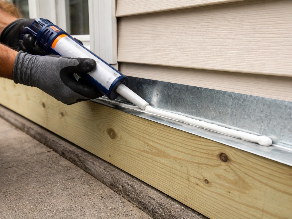 Close-up of sealant and flashing at a ledger-to-house weatherproofing seam with bottom plate over concrete.