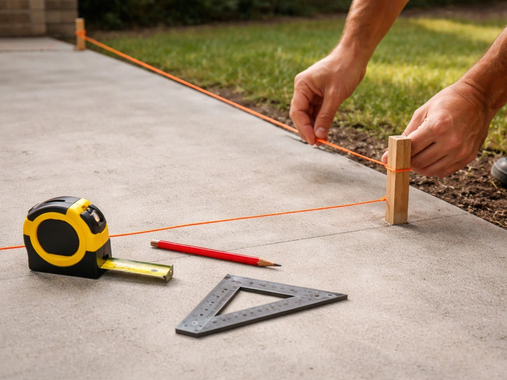 DIY patio cover layout close-up with stakes and taut string, tools and tape measure on concrete.