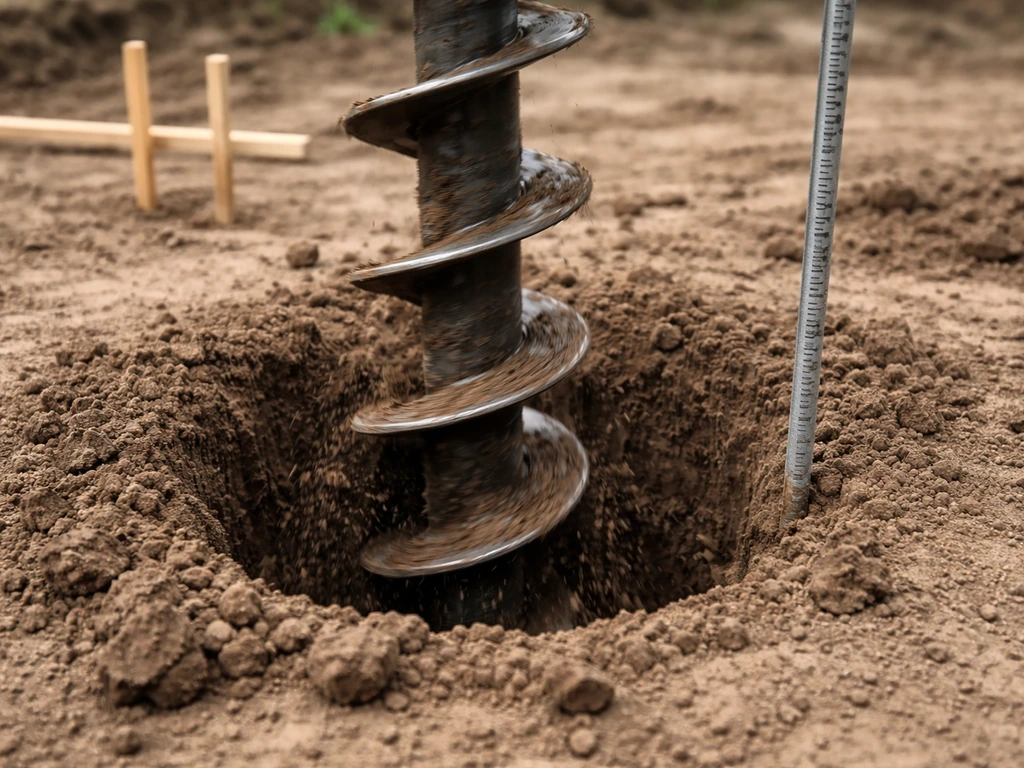 Close-up of an auger digging a post hole in soil with a depth reference rod beside it.
