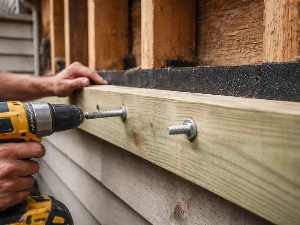 Close-up of a ledger board being attached to a house with flashing and lag screws.