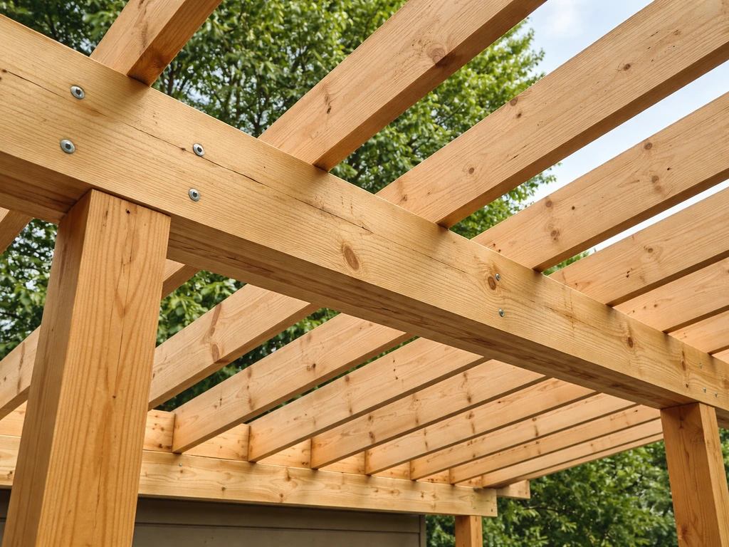 Close-up of roof framing with a beam on posts and rafters installed at regular spacing