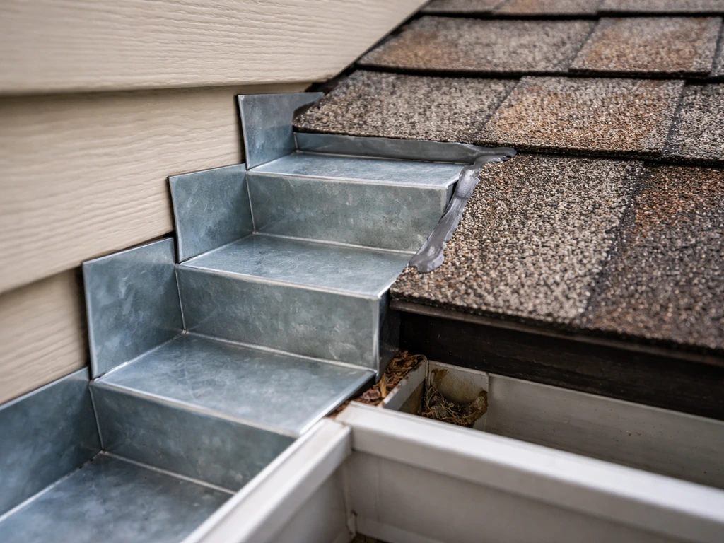 Close-up of step flashing at a wall-to-roof junction with neatly sealed seams and roof drainage edge.