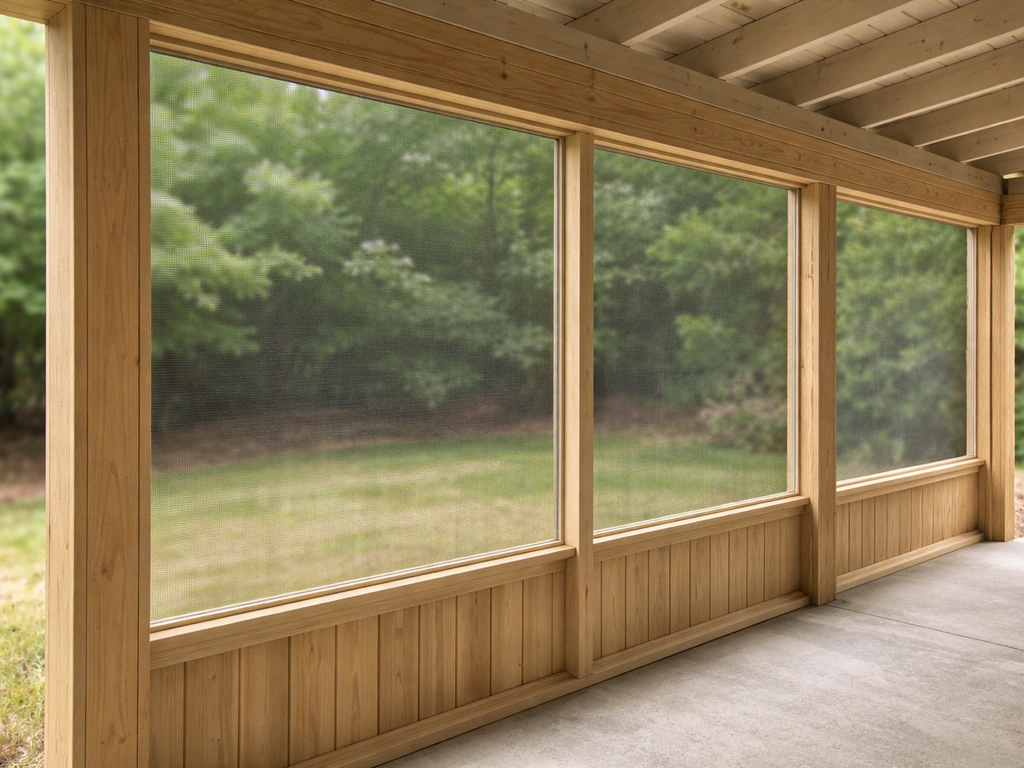 Framed patio screen panels installed on a shelter, letting air through while blocking insects.